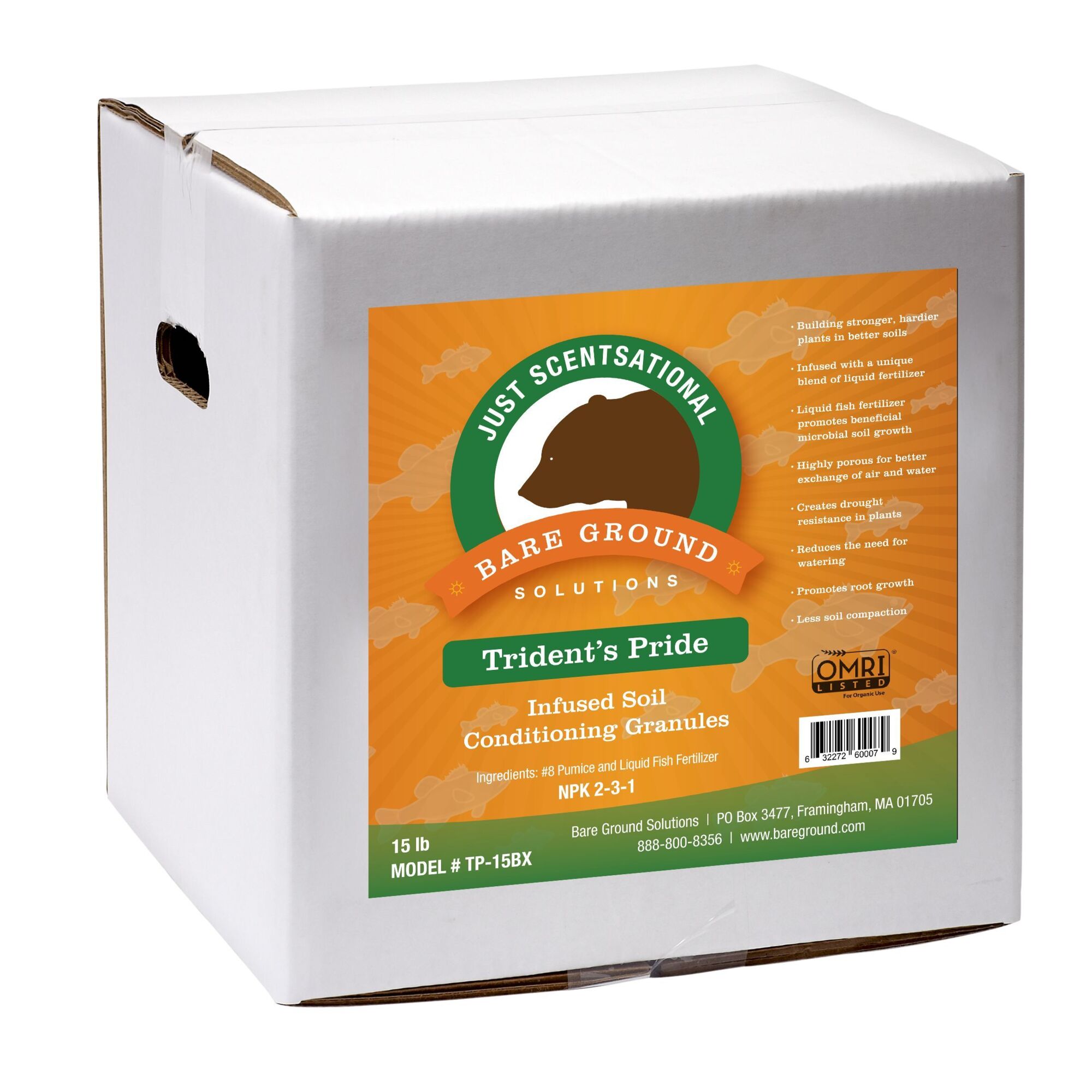 Bare Ground, Trident's Pride 15 Pound Box of Soil Conditioning Granules, Max. Coverage Area 1296 ft², Capacity 15 lb, Model# TP-15BX